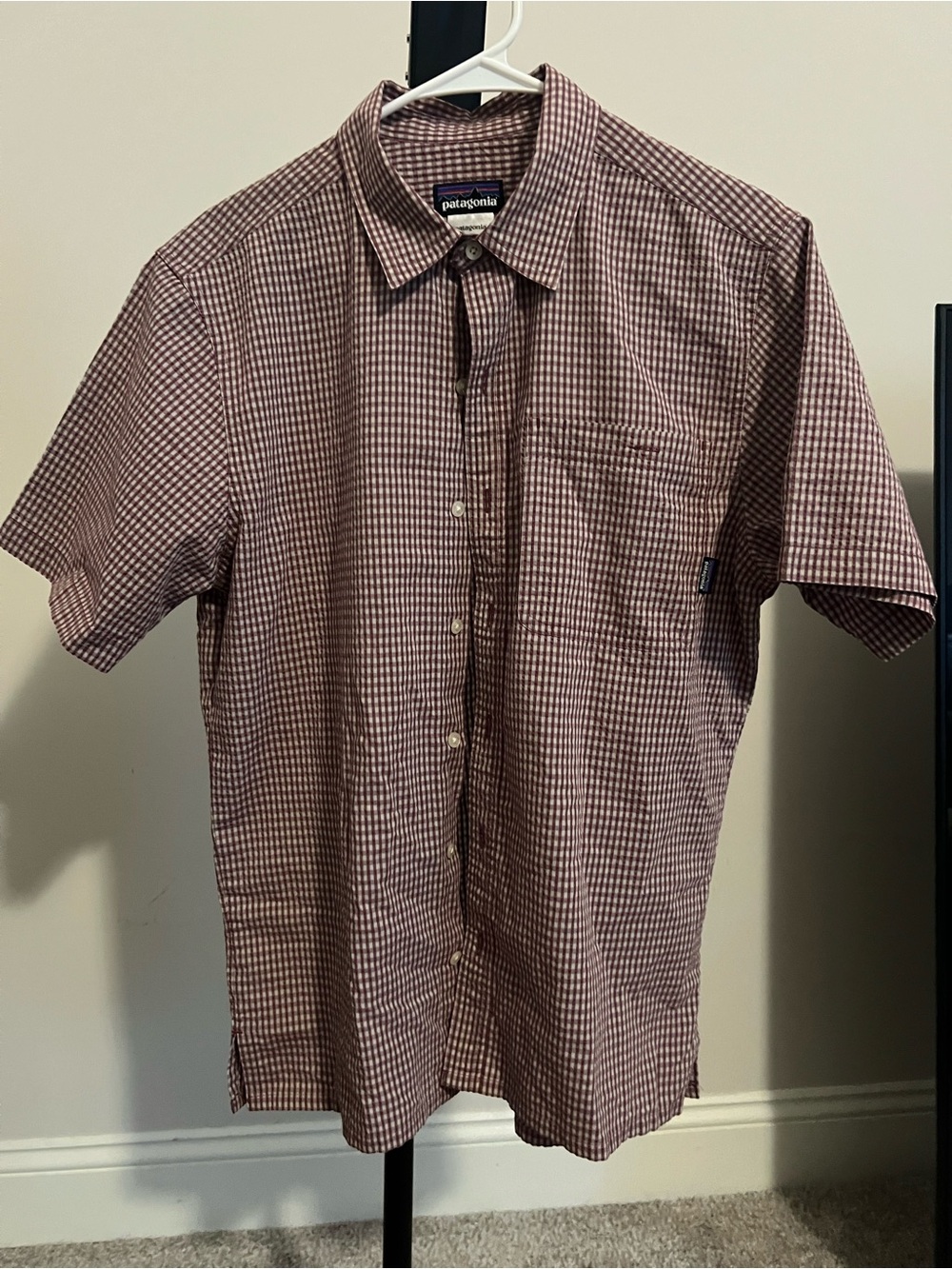 Patagonia Short-Sleeve Button-Down Shirt in Burgundy Gingham